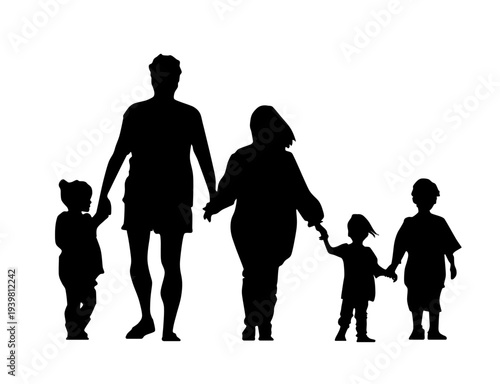 Silhouette of Large Family Holding Hands Walking