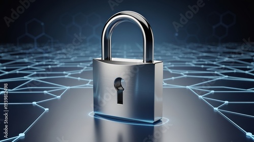 Wallpaper Mural A metallic padlock symbolizing cybersecurity, standing on a digital network grid with hexagonal patterns in the background. Torontodigital.ca