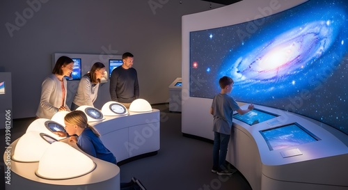 Family and children exploring a modern interactive science museum with a large galaxy display and glowing touch screen exhibits