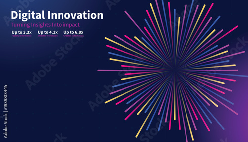 Vibrant digital innovation concept with radiant lines and dynamic motion, showcasing technology and creativity in a modern graphic illustration.