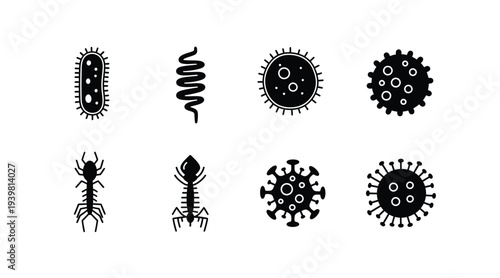 Microorganism Virus Bacteria Silhouette Icon Set Microbe Germ Infection Cell Microbiology Medical Science Symbol Collection Isolated Black Vector Illustration