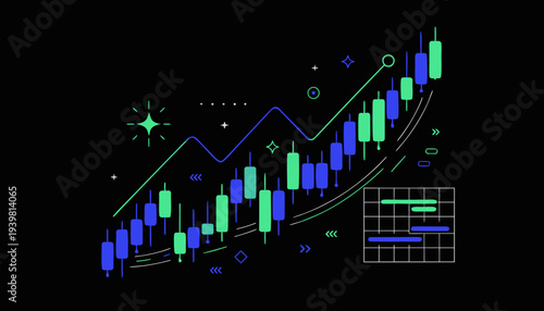 Financial Stock Market Analysis Concept: Bullish Candlestick Chart with Growing Trend on Dark Background