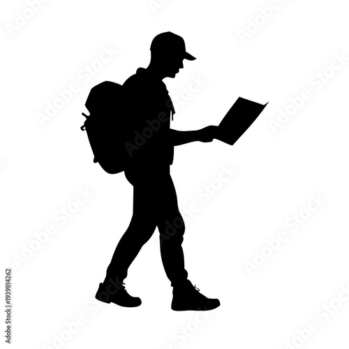 Silhouette of Male Hiker with Backpack Looking at Map: Travel Navigation, Outdoor Adventure and Exploration Concept Isolated on White
