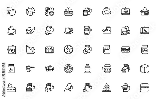 Afternoon Tea icon set. Vector illustration includes tea, cupcake, biscuit, sandwich, teapot, sugar and more. Editable stroke.