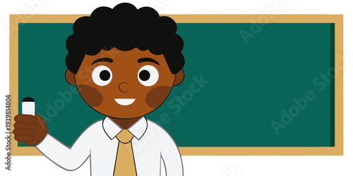 African American teacher in white shirt and tie stands confidently near a school chalkboard, holding a marker, ready to engage students in learning and education