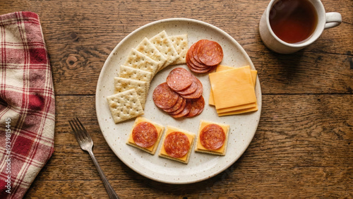 Top-down flat lay of savory snack platter featuring square crackers, sliced pepperoni, and cheddar cheese arranged on a speckled plate over a rustic wooden table with a plaid napkin and mug.