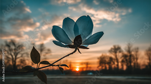 A flower is on a branch in front of a sunset