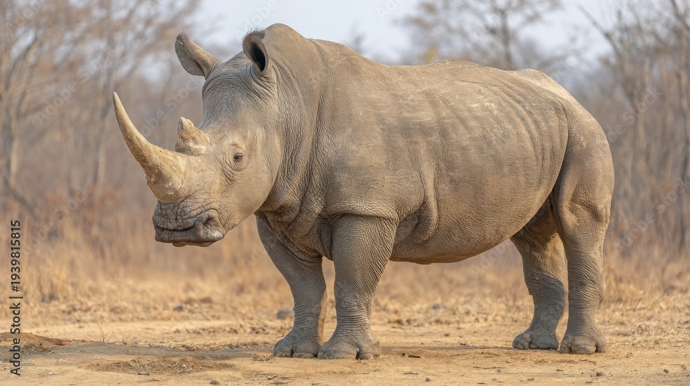 Fototapeta premium Powerful rhinoceros with thick armored skin standing in the African savanna, a majestic wild mammal.
