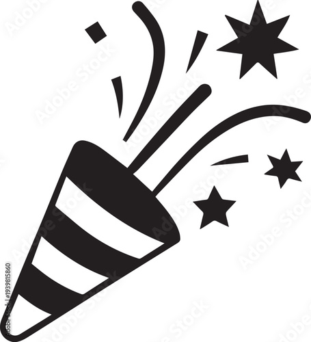 Black and white illustration of a festive party horn with exploding stars