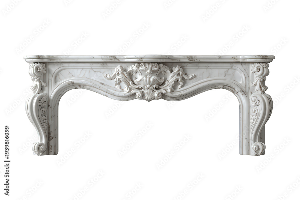 Fototapeta premium Ornate white marble fireplace mantel with rococo style carvings, featuring classic architectural details, transparent background