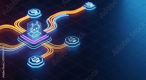 Close up of a high-tech 3D schematic diagram. A glowing node with a robot head icon representing an AI agent, linking to multiple action nodes with bright orange and blue data streams