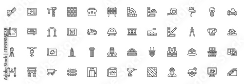 Architecture icon set. Vector construction symbols collection. Includes tools, equipment, buildings, and elements like crane, blueprint, helmet, tools, and more. Editable stroke.