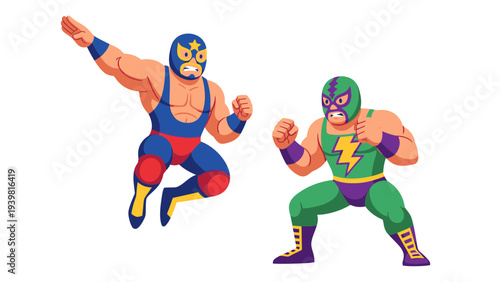 Lucha Libre Wrestlers Vector Illustration Fighting Action Dynamic Poses for Sports Entertainment and Gaming Graphics