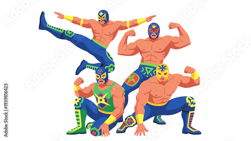 Lucha Libre Wrestlers Posing Dynamic Action Vector Illustration Mexican Culture Sports Entertainment