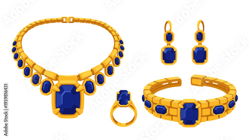 Luxury Gold Jewelry Set with Blue Sapphires Necklace, Earrings, Bracelet, and Ring Vector Illustration, Elegant Accessory Design for Fashion and Beauty