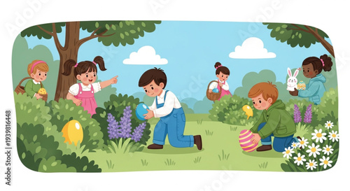 A vibrant vector illustration of children enjoying an easter egg hunt in a lush green meadow on a sunny day.