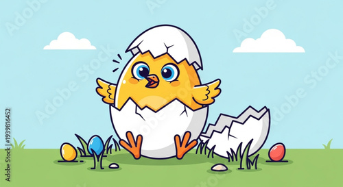 Easter vector illustration of a hatching chick emerging from eggshell surrounded by colorful eggs on grass