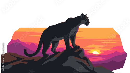 Majestic Black Panther Standing on Rocky Cliff at Sunset, Dramatic Sky, Wildlife Silhouette Vector Illustration for Nature and Adventure Themes