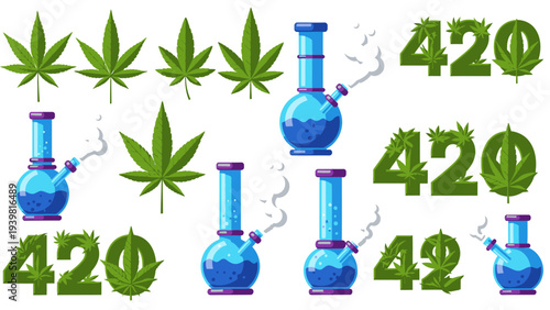 Marijuana Leaf and Bong Vector Illustrations, 420 Numbers Graphic Design, Cannabis Culture Symbols, Isolated on White Background, Medical and Recreational Use Concept