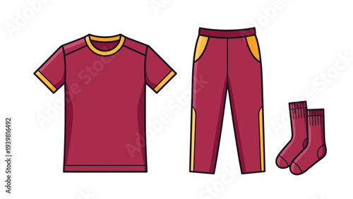 Maroon and Yellow Sportswear Set Vector Illustration: T-shirt, Pants, and Socks Mockup for Athletic Apparel Design and Branding
