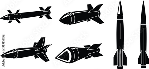 Set of black military missile silhouettes and bomb icons for defense warfare and tactical army weapon design.