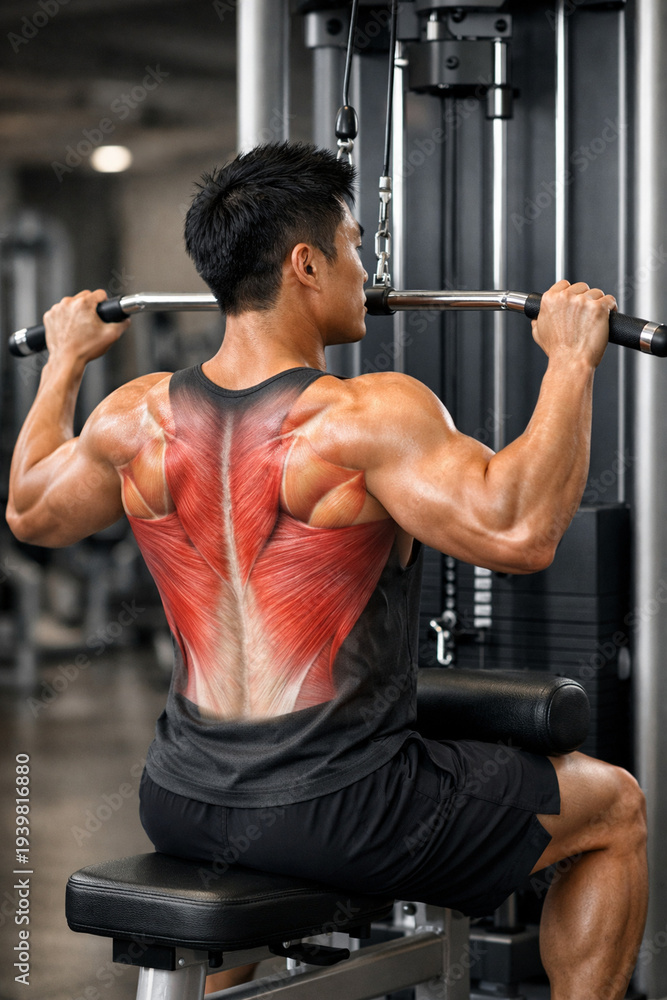 Naklejka premium Man Performing Lat Pulldown With Back Muscle Anatomy Overlay