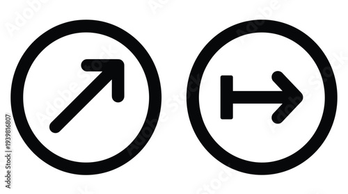 Set of Two Minimalist Arrow Icons in Circles: Diagonal Up-Right and Right Facing Arrows