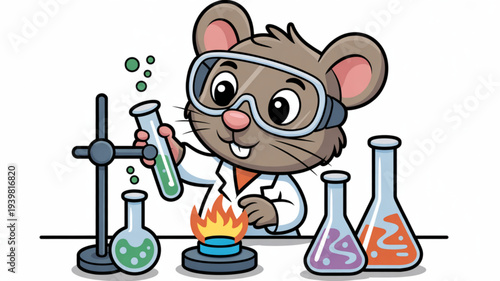Curious cartoon mouse in lab coat and goggles conducts colorful chemistry experiment with beakers and bunsen burner