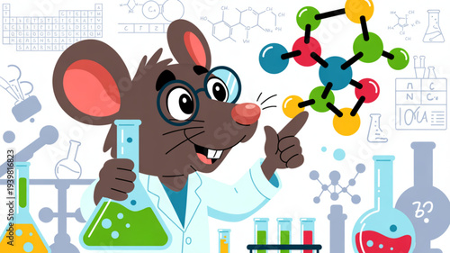 Curious cartoon mouse in lab coat analyzing molecular structure with beaker and test tubes around