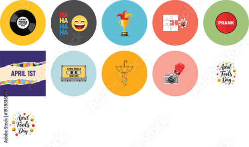 Funny April Fools Day joke illustration bundle set with prank concept vectors