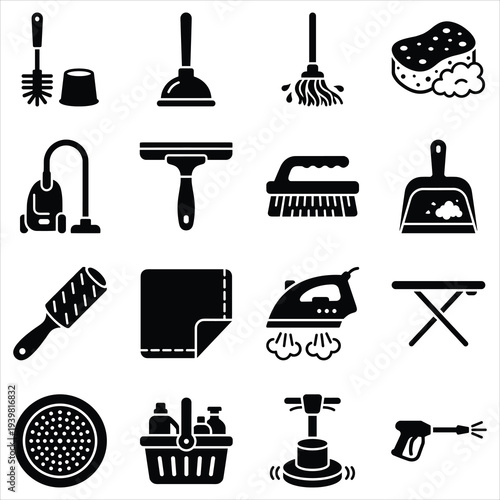 Wallpaper Mural Household Cleaning Supplies Icons Set Home Maintenance Tools and Equipment Black Silhouettes Torontodigital.ca