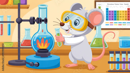 Curious mouse in lab coat and goggles conducts colorful science experiment with flame and test tubes