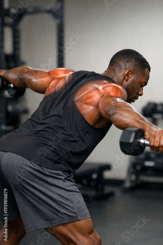 Man Performing Dumbbell Reverse Fly With Shoulder Muscle Anatomy
