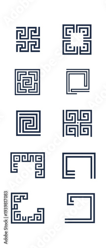 Geometric patterns in dark blue on black background