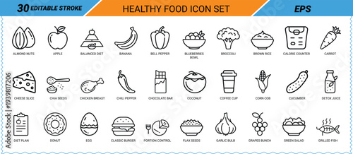 Healthy Food Icons Set With Editable Stroke illustration keywords