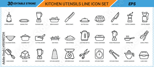 Kitchen Utensils Line Icon Set Editable Stroke apron hanger baking tray
