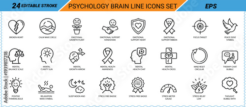 Psychology brain line icons set EPS editable stroke Keywords: psychology, brain, broken heart