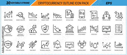Cryptocurrency outline icon pack with 30 editable stroke icons margin trading market analysis