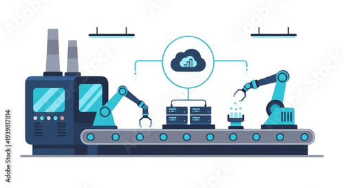 Industrial automation scene with robotic arms and conveyor belt in a manufacturing setup viewed from the side