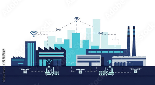 Industrial facility illustration with factories, machinery, and technology in a modern urban landscape from a panoramic viewpoint.