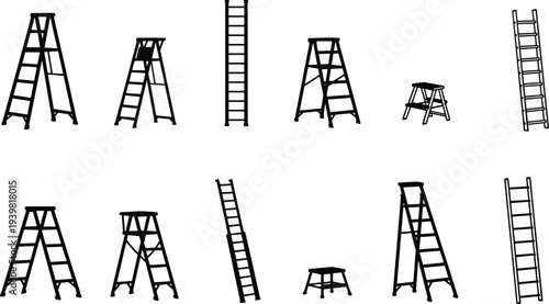 Collection of Different Ladder Types and Designs Silhouette Isolated on White Background for Construction Safety