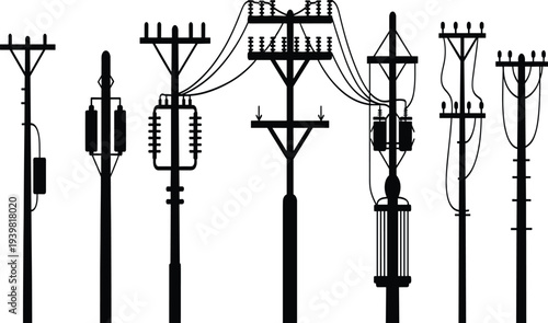 Collection of Black Silhouettes Featuring Power Poles, Electricity Towers, and Utility Infrastructure for Design Projects