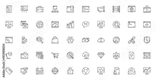 Marketing and SEO icon set. Vector pack includes SEO report, pay per click, landing page, keyword search, analytics, content management, web design and more. Editable stroke.
