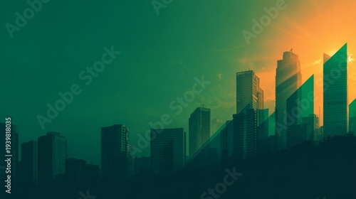 Modern city skyline with green overlay and light effect for sustainable investment messaging in a wide format