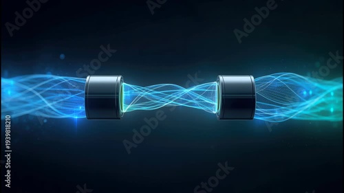 Glowing blue energy connection cable and connector with flowing luminous strands and dynamic