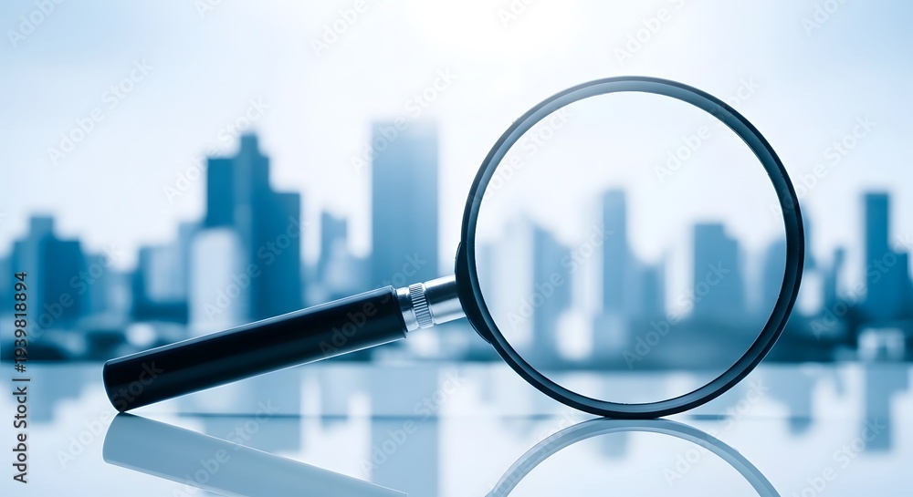 Fototapeta premium Magnifying glass in front of a blurred city skyline
