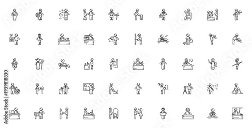 Men at Work Icon Set. Professional vector illustrations of diverse occupations including businessman, teacher, doctor, mechanic, chef, and more. Editable stroke line icons.