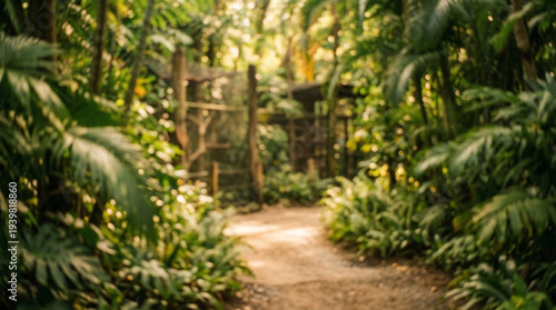 Abstract defocused tropical jungle path with lush green foliage and warm sunlight bokeh