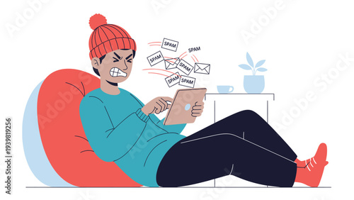 Relaxed young woman enjoying reading on a cozy armchair with a tablet and floating papers