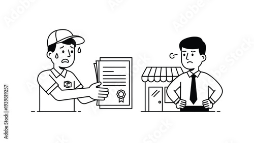 Delivery worker presents documents to an angry business owner, illustrating service issues